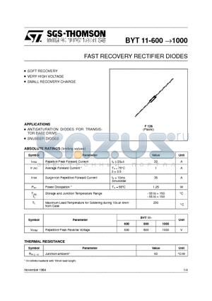 BYT11-600 datasheet - FAST RECOVERY RECTIFIER DIODES