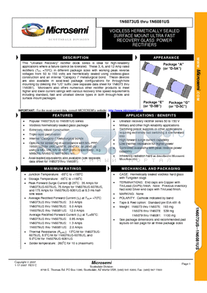 1N6076US datasheet - VOIDLESS HERMETICALLY SEALED SURFACE MOUNT ULTRA FAST RECOVERY GLASS POWER RECTIFIERS
