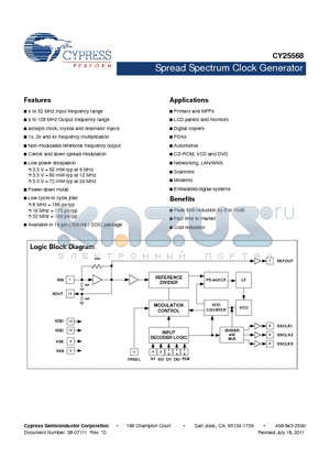 CY25568 datasheet - Spread Spectrum Clock Generator 4 to 32 MHz Input frequency range