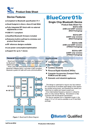 BC01BV-USB datasheet - Single Chip Bluetooth Device