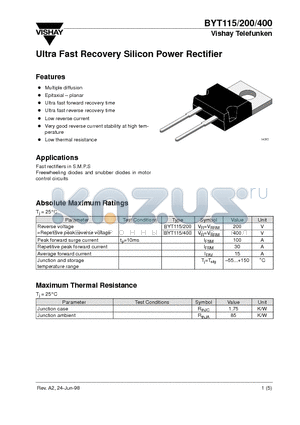 BYT200 datasheet - Ultra Fast Recovery Silicon Power Rectifier