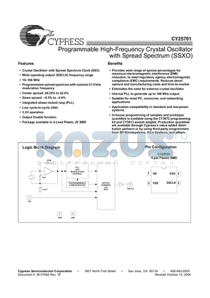 CY25701JXCZZZZT datasheet - Programmable High-Frequency Crystal Oscillator with Spread Spectrum (SSXO)