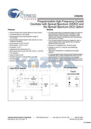 CY25701FLXCT datasheet - Programmable High-Frequency Crystal Oscillator with Spread Spectrum (SSXO) and No-Spread Spectrum (XO) Option
