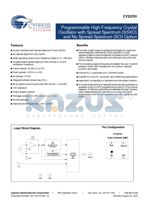 CY25701LXCZZZT datasheet - Programmable High Frequency Crystal Oscillator with Spread Spectrum (SSXO) and No Spread Spectrum (XO) Option