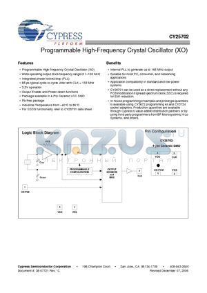 CY25702 datasheet - Programmable High-Frequency Crystal Oscillator (XO)