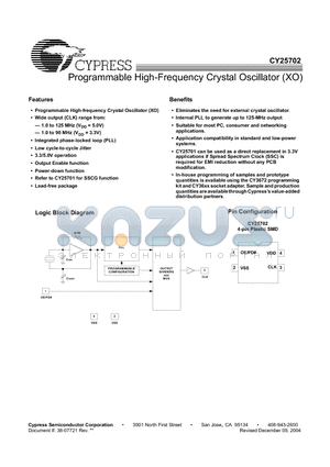 CY25702FJXCT datasheet - Programmable High-Frequency Crystal Oscillator (XO)