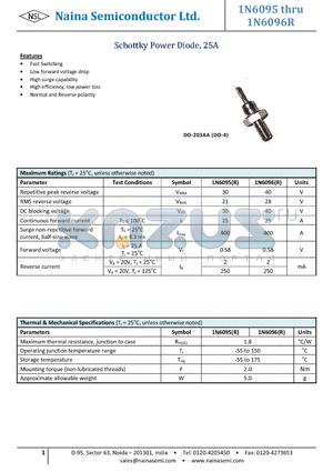 1N6095R datasheet - Schottky Power Diode, 25A