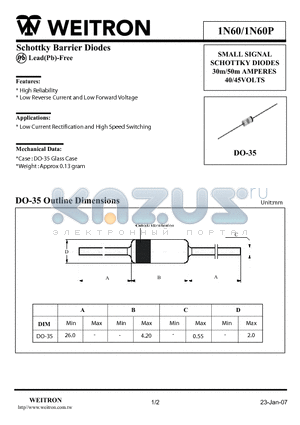 1N60P datasheet - Schottky Barrier Diodes SMALL SIGNAL SCHOTTKY DIODES 30m/50m AMPERES 40/45VOLTS