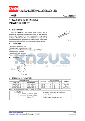 1N60PG-T92-B datasheet - 1.2A, 600V N-CHANNEL POWER MOSFET