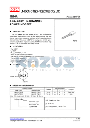 1N60AG-T92-K datasheet - 0.5A, 600V N-CHANNEL POWER MOSFET