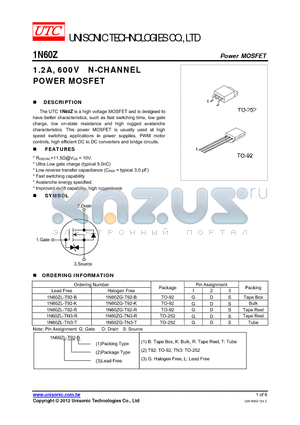 1N60ZG-T92-K datasheet - 1.2A, 600V N-CHANNEL POWER MOSFET