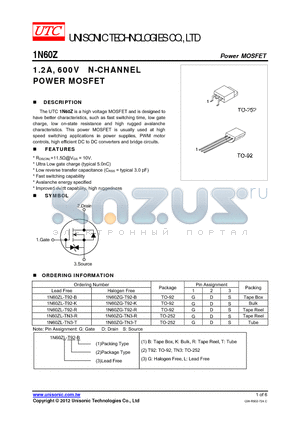 1N60ZL-T92-B datasheet - 1.2A, 600V N-CHANNEL POWER MOSFET