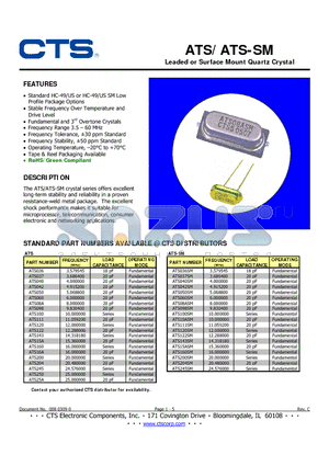 ATS-SM datasheet - Leaded or Surface Mount Quartz Crystal