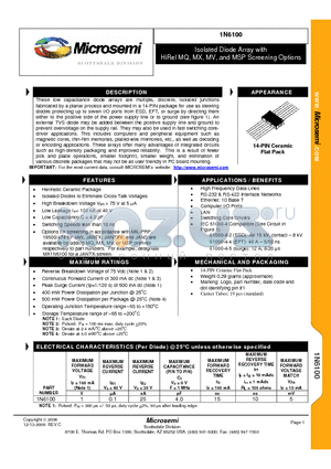 1N6100 datasheet - Isolated Diode Array with HiRel MQ, MX, MV, and MSP Screening Options