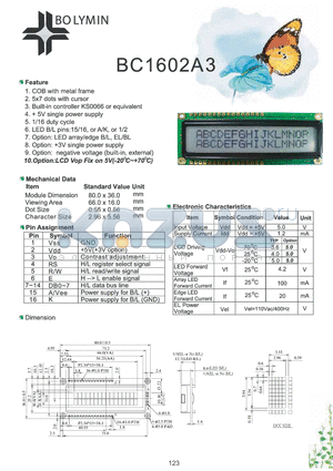 BC1602A3 datasheet - COB with metal frame 5x7 dots with cursor