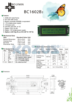 BC1602B3 datasheet - COB with metal frame 5x7 dots with cursor