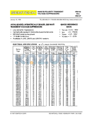 1N6108 datasheet - 500W BI-POLARITY TRANSIENT VOLTAGE SUPPRESSORS