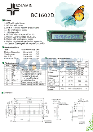 BC1602D datasheet - COB with metal frame 5x7 dots with cursor