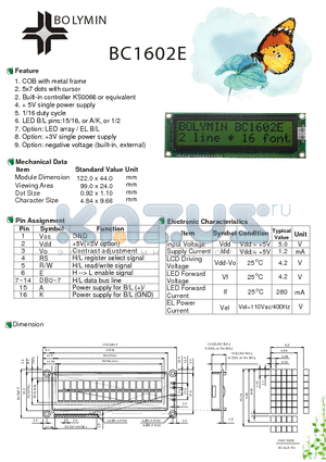 BC1602E datasheet - COB with metal frame 5x7 dots with cursor