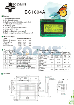 BC1604A datasheet - COB with metal frame 5x7 dots with cursor