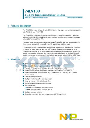 74LV138PW datasheet - 3-to-8 line decoder/demultiplexer; inverting