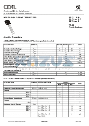 BC171B datasheet - NPN SILICON PLANAR TRANSISTORS