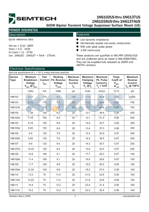 1N6111US datasheet - 500W Bipolar Transient Voltage Suppressor Surface Mount (US)