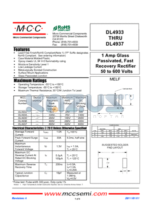 DL4933 datasheet - 1 Amp Glass Passivated, Fast Recovery Rectifier 50 to 600 Volts