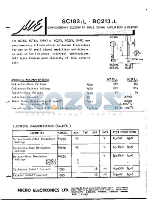 BC183 datasheet - COMPLEMENTARY SILICON AF SMALL SIGNAL AMPLIFIERS & SWITCHES