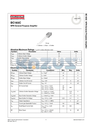 BC183C datasheet - NPN General Purpose Amplifer