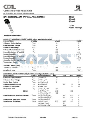 BC184B datasheet - NPN SILICON PLANAR EPITAXIAL TRANSISTORS