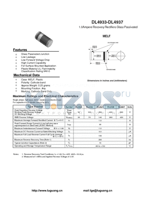 DL4935 datasheet - 1.0Ampere Recovery Rectifiers Glass Passivated