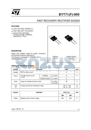 BYT71-800 datasheet - FAST RECOVERY RECTIFIER DIODES