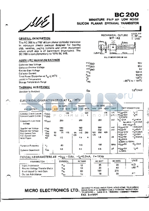 BC200 datasheet - MINIATURE PNP AF LOW NOISE SILICON PLANAR EPITAXIAL TRANSISTOR