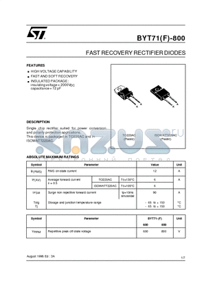 BYT71F-800 datasheet - FAST RECOVERY RECTIFIER DIODES