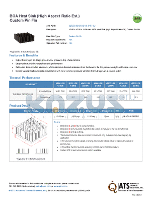 ATS010010011-PF-1J datasheet - 10.00 x 10.00 x 11.00 mm BGA Heat Sink (High Aspect Ratio Ext.) Custom Pin Fin