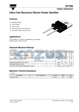 BYT86 datasheet - Ultra Fast Recovery Silicon Power Rectifier