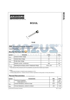 BC212L datasheet - PNP General Purpose Amplifier