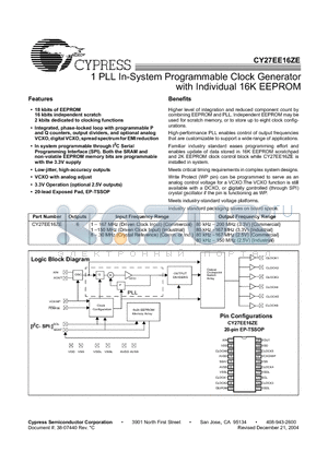 CY27EE16FZEIT datasheet - 1 PLL In-System Programmable Clock Generator with Individual 16K EEPROM