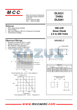 DL5230 datasheet - 500 mW Zener Diode 2.4 to 200 Volts