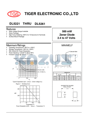 DL5231 datasheet - 500 mW Zener Diode 2.4 to 47 Volts