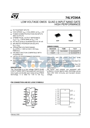 74LVC00A datasheet - LOW VOLTAGE CMOS QUAD 2-INPUT NAND GATE HIGH PERFORMANCE