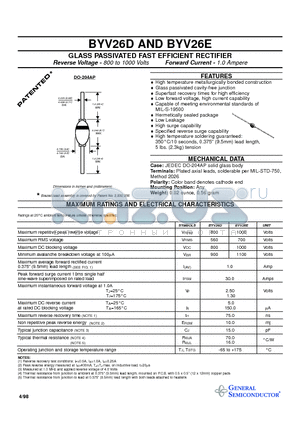 BYV26D datasheet - GLASS PASSIVATED FAST EFFICIENT RECTIFIER