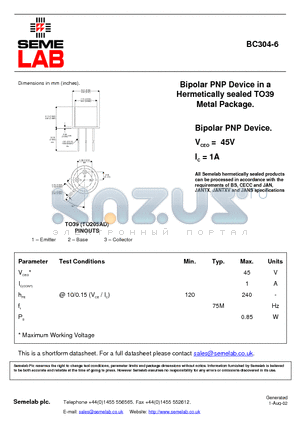 BC304-6 datasheet - Bipolar PNP Device in a Hermetically sealed TO39