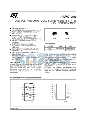 74LVC125A datasheet - LOW VOLTAGE CMOS QUAD BUS BUFFERS (3-STATE) HIGH PERFORMANCE