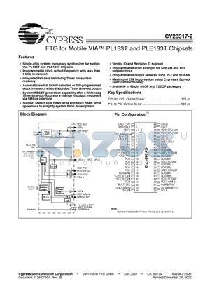 CY28317PVC-2 datasheet - FTG for Mobile VIA PL133T and PLE133T Chipsets