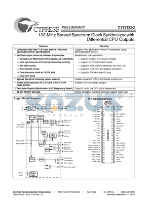 CY28322ZC-2 datasheet - 133-MHz Spread Spectrum Clock Synthesizer with Differential CPU Outputs