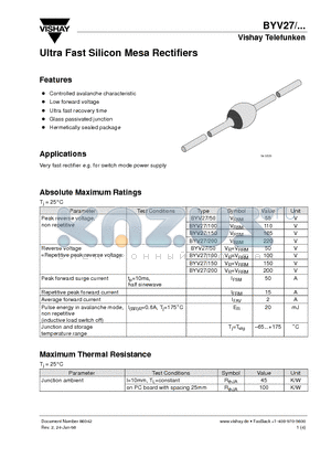 BYV27-100 datasheet - Ultra Fast Silicon Mesa Rectifiers