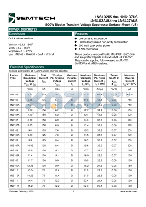 1N6137US datasheet - 500W Bipolar Transient Voltage Suppressor Surface Mount (US)