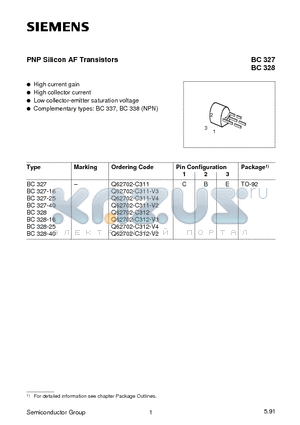 BC327-16 datasheet - PNP Silicon AF Transistors (High current gain High collector current Low collector-emitter saturation voltage)